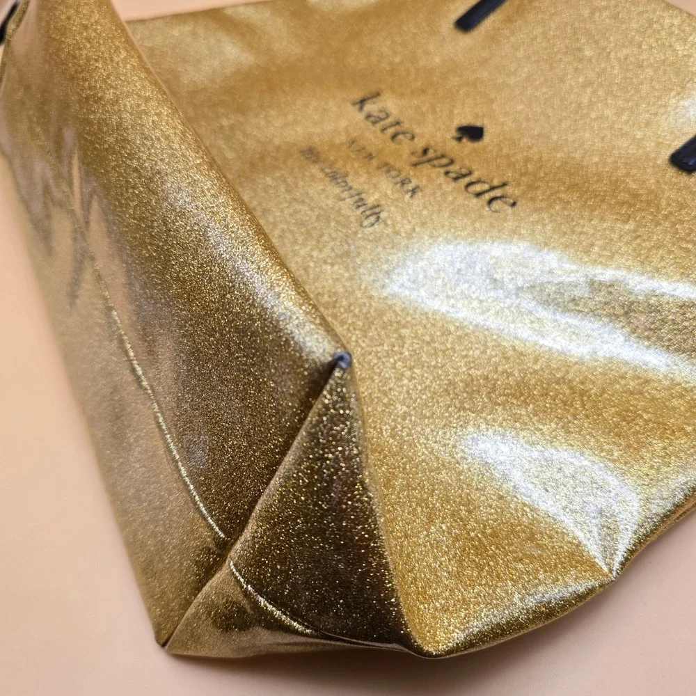 Kate Spade Live Colorfully Gold Glitter Tote Bag Black Patent Handles Large